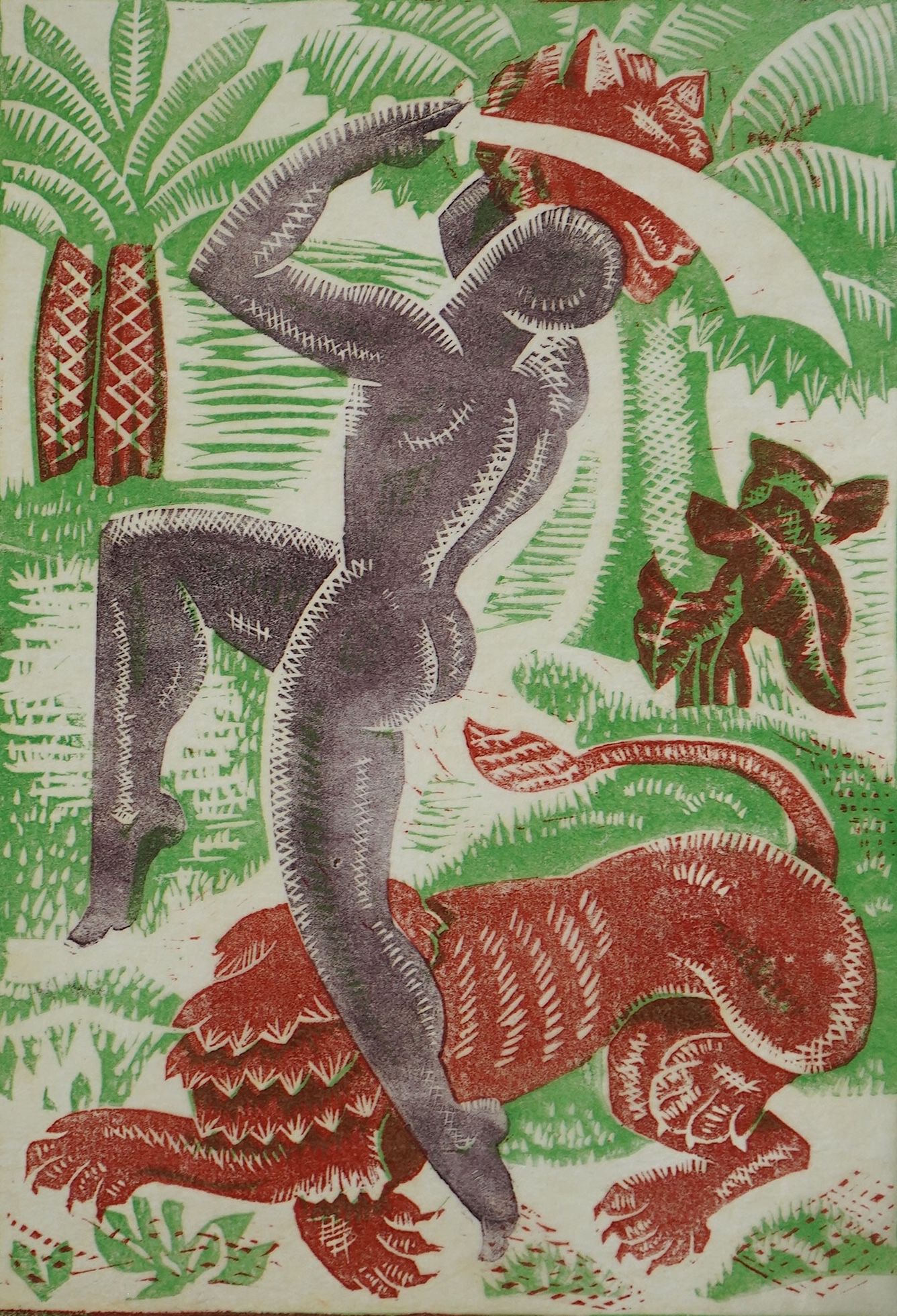 Margaret Barnard (British, 1900-1992), The Lion Slayer, linoleum cut printed in colours on tissue-thin oriental laid paper, 20 x 13.5cm